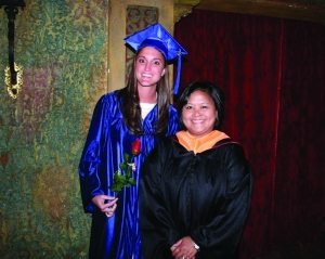 Emeline Kelly, Tri-Rivers Nursing Director, with student at graduation at the historic Palace Theatre.